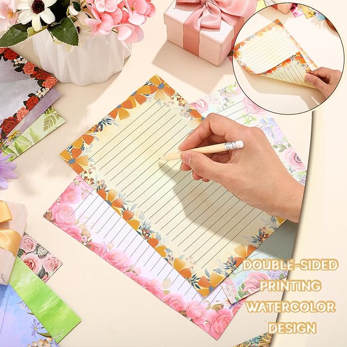 TaoBary 160 Pcs Stationery Paper Set 50 Double Sided Stationery Papers with 50 Matching Envelopes and 60 Round Dot Sticker, 10 Design(Flower,5.5 x 8.25 Inch)