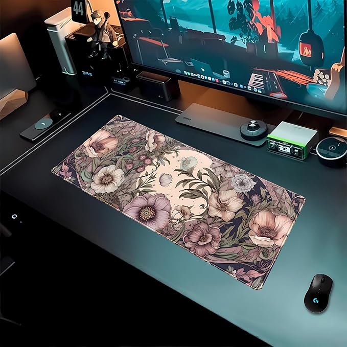 Pastel Purple Floral XL Large Gaming Mouse Pad Pink Flower Forest Desk Mat with Stitched Edges, Non-Slip Rubber Base Mousepad Laptop Computer Keyboard and Mouse Mat 31.5x11.8 in