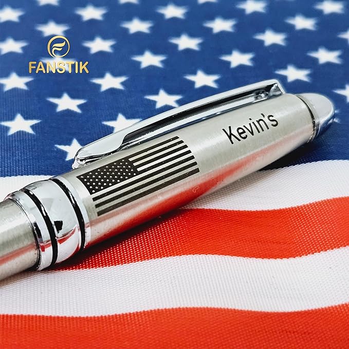 Customized BallPoint pen with name and US Flag (MADE IN USA), stainless steel, silver, luxury engraved pen personalized for men and for women. (BallPoint US-Flag)