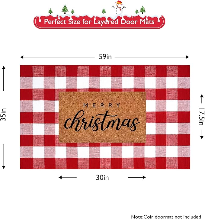 Outdoor Christmas Mats for Front Door, Cotton Washable Buffalo Plaid Rug Reversible Layered Door Mat,Farmhouse Checkered Outside Rugs for Porch Home Decor(Red & White)