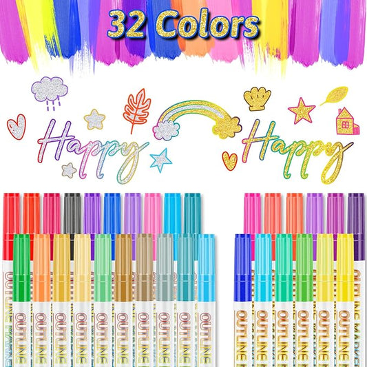 Outline Markers Self-outline Metallic Markers, 20 Silver&12 Gold Colors Double Line Outline Markers Super Squiggles Shimmer Glitter Pen Set for Christmas Greeting Card,Kid Drawing,Doodling,DIY Crafts