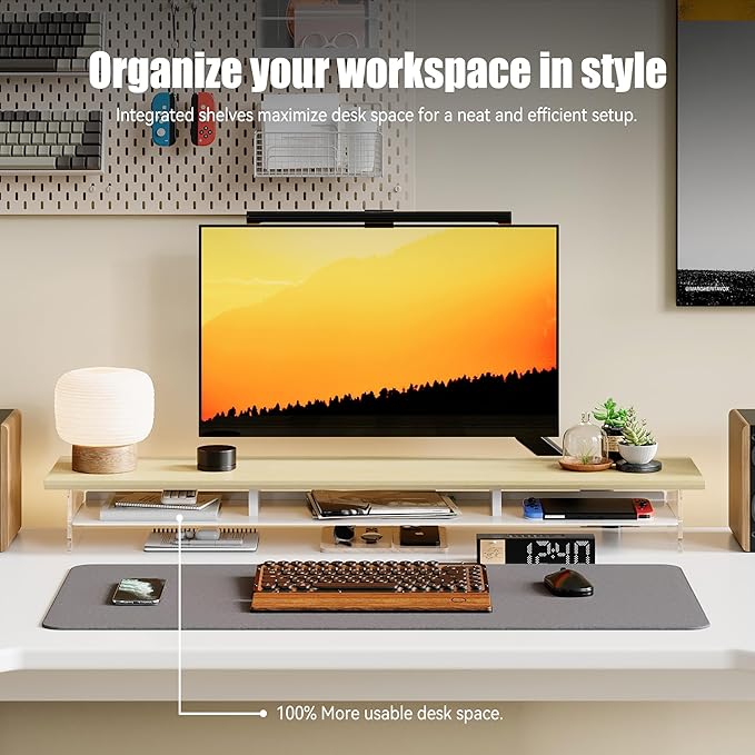 Dual‑Tier Monitor Stand for Modern Desk Setup – Minimalist Wooden and Metal Riser Shelf with Transparent Acrylic Feet for Dual Monitors, Laptops, Home Office Aesthetic，Beige and White