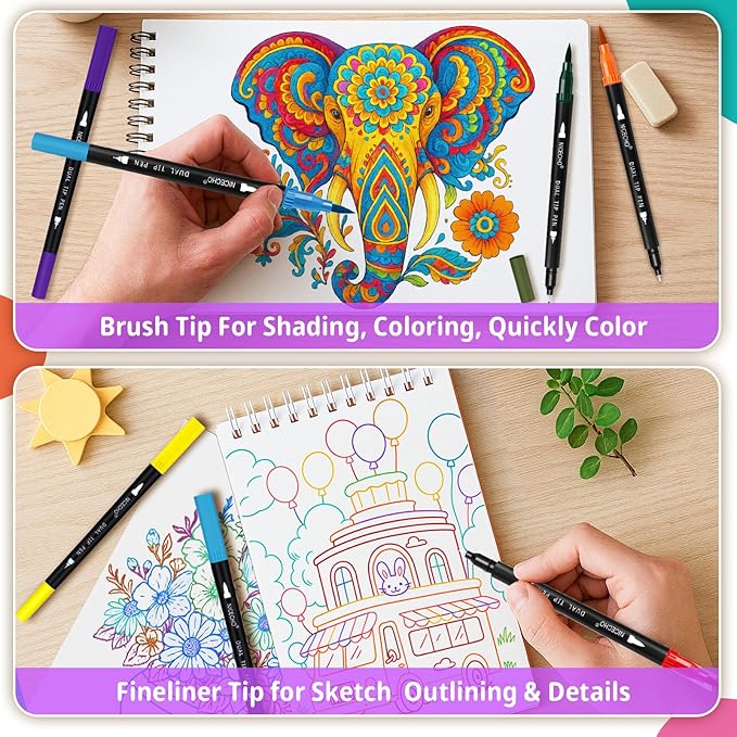 Nicecho 24 Colors Dual Tip Art Markers Pens for Adult Coloring Books, Brush and Fineliner Tip Art Suppliers for Journaling Note Taking Lettering
