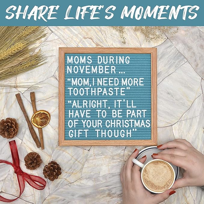 Teal Felt Letter Board 10x10 inches. Changeable Letter Boards Include 300 White Plastic Letters & Oak Frame.