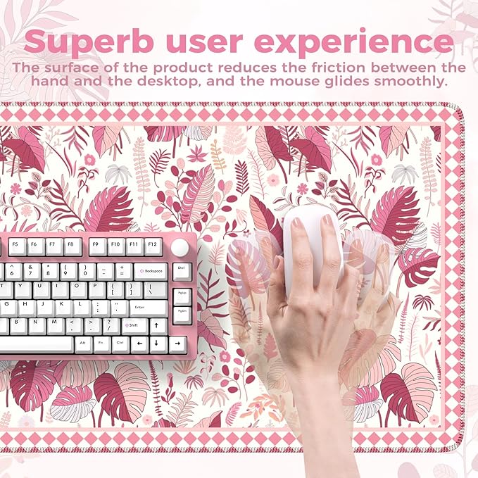 iCasso Pink Desk Mat,Extra Large Mouse Pad for Laptop,Long Computer Pad with Stitched Edges,Non Slip Keyboard Mat for Desktop,Cute Desk Cover Mat for Office Home School
