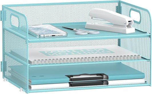 Daltack 3-Tier Paper Organizer with Handle, Mesh Desk Organizer Letter Tray, Blue