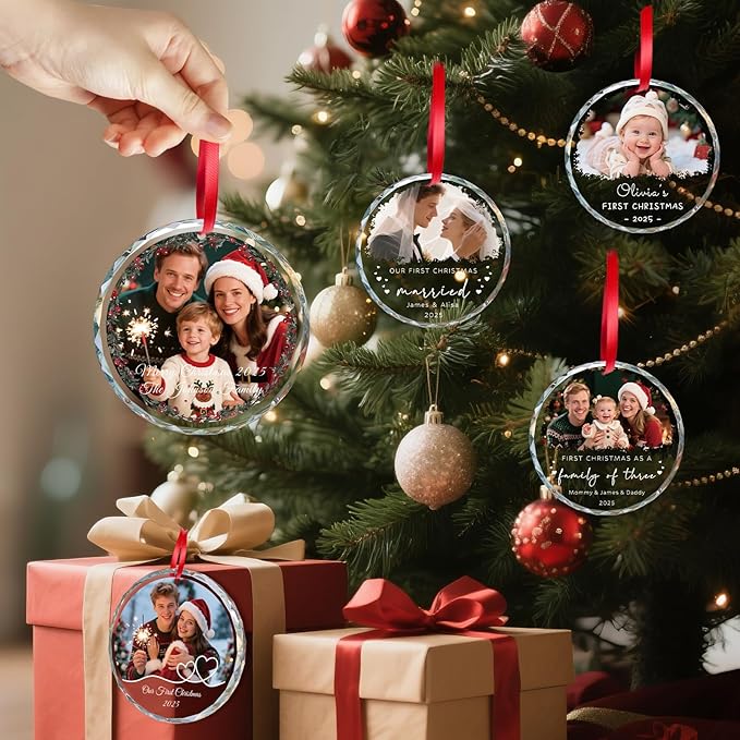 Personalized Christmas Ornaments 2025 for Familie, Custom Christmas Ornaments, Crystal Photo Ornament for Xmas, Wedding, Anniversary, Personalized Gifts for Family, Kids, Couple, Pet (3.15”)