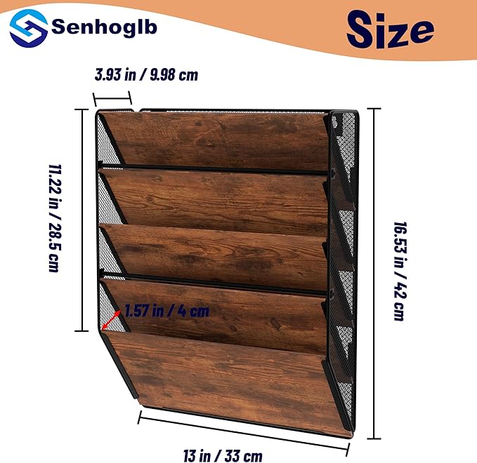 Metal Wall File Holder Organizer, 5-Tier Mesh Hanging Wall File Organizer, Magazine Rack With Pockets, Wood Document Holder for Office Home, Brown