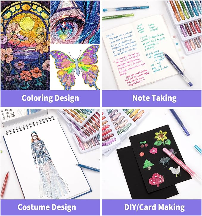 Glitter Gel Pens, 24 Pack Colored Pens for Black Paper & White Paper, 1.0mm Point Pens, Large Capacity Ink Pens for Coloring, Writing, Drawing, Journaling, Note Taking, School, Office, Home