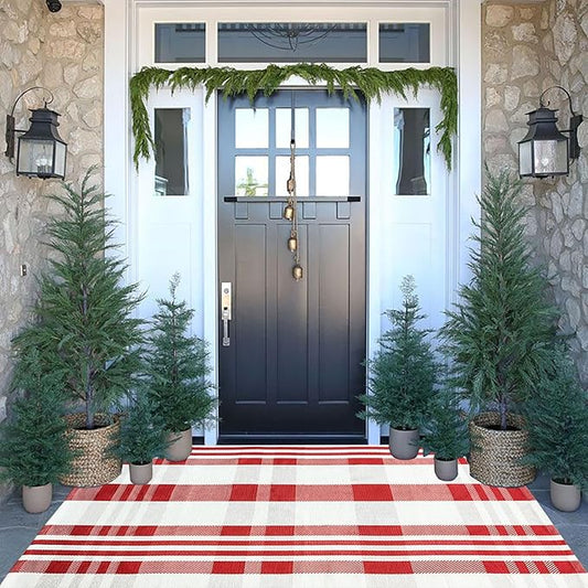 Christmas Door Mat Outdoor 3' x 5' Red and White Plaid Rug Christmas Decor Rug Cotton Hand-Woven Layered Door Mats Washable Carpet for Front Porch, Kitchen, Farmhouse, Entryway (3' x 5')