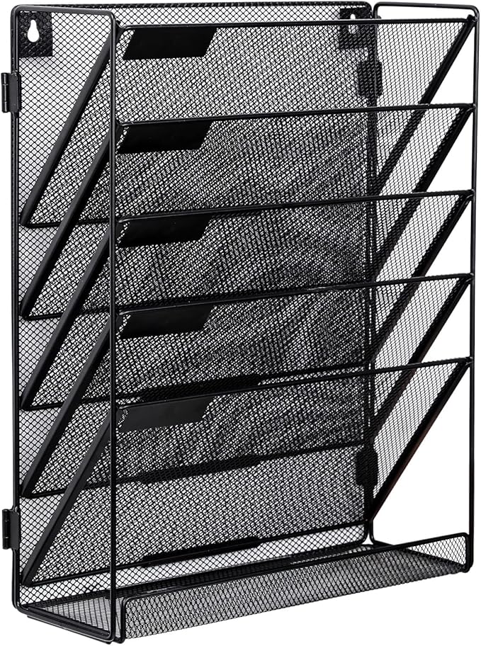 EasyPAG 5-Tier Wall File Holder, Mesh Hanging Folder Organizer with Classify Label, Versatile Desk File Organizer for Office Home, Vertical Wall Mounted Mail Sorter, Easy Assembly, 2 Pack Black