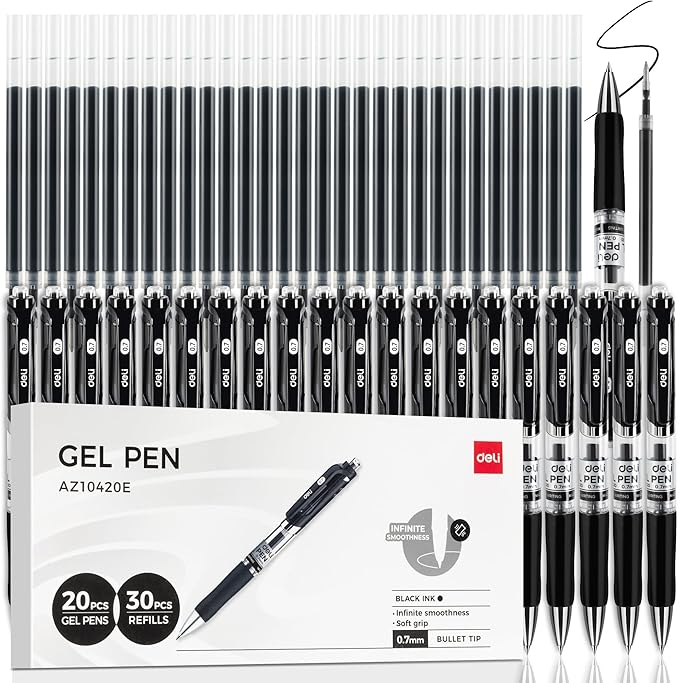 deli Gel Pens, 50 Pcs Retractable Pens Black Ink, 20 Pens with 30 Refills，Medium Point Pen Bulk 0.7mm, Smooth Writing, Fast Dry, No Bleed for Journaling Note Taking, Home School Office Supplies