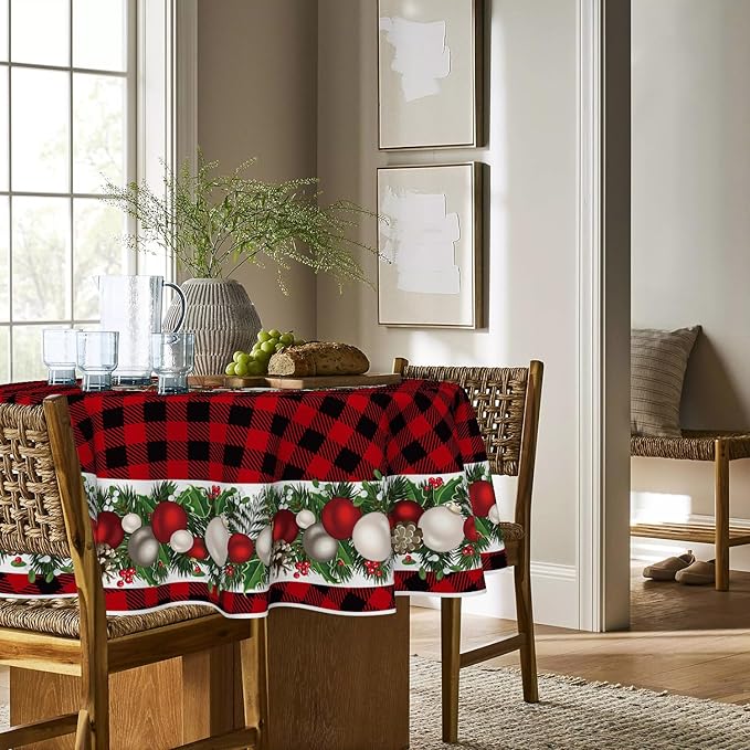 Horaldaily Christmas Tablecloth 60×60 Inch Round, Christmas Ball Ornaments Red Bufalo Plaid Washable Table Cover for Party Picnic Dinner Decor