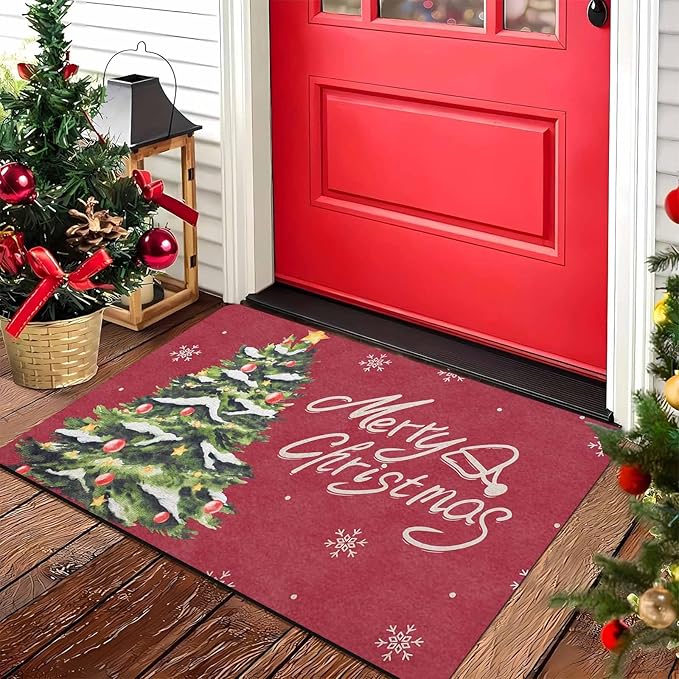 Christmas Doormat Christmas Tree Snowflakes Welcome Mat Farmhouse Floor Mats Outdoor Front Door Mat Front Porch Rugs for Thanksgiving Christmas Indoor Outdoors Decorative, 18" x 30"Inch