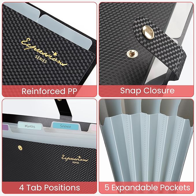 Sooez Expanding File Folder, Letter Size Accordion File Organizer, 5 Pocket Folders for Documents, Cute Folder with Labels, Portable Paper Organizer for School Office Supplies, A4 Size, Grey