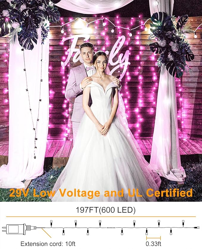 197FT 600 LED Christmas Lights Outdoor, Plug in Christmas Tree Lights 8 Modes, Waterproof Green Wire String Twinkle Lights for Indoor House Patio Garden Party Wedding Holiday Decorations, Pink
