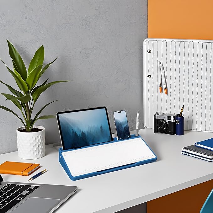 LOUKIN Glass Desktop Whiteboard, 15.3" x 5.6" Dry Erase Desk Board with Dotted and Graduated Surface, Desktop Buddy, Great for Design and Drawing, 3 Markers and 1 Dry Erase Eraser Included (Blue)