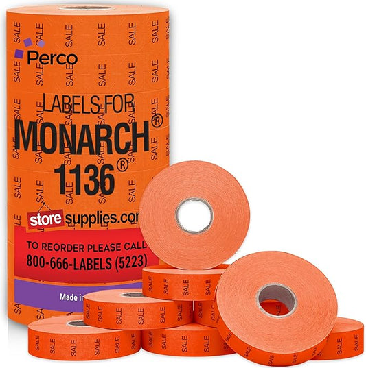 Perco Sale Labels for Monarch 1136 Price Gun - 8 Rolls, 14,000 Pricemarking Labels - with Bonus Ink Roll