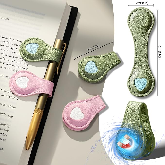 2Pcs Magnetic Leather Bookmarks with Gift Box, Magnetic Pen Holder Book Marks Clip Gift for Book Lover Readers Men Women Teachers Students, Pink+Green