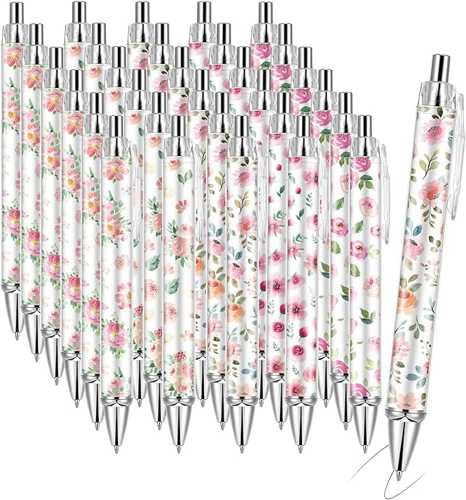 30 PCS Pink Floral Pens Flower Ballpoint Pens 0.5 mm Rollerball Tip Cute Fashionable Retractable Ballpoint Pen for Office Supplies Black Ink, Medium Point (Pink Flower, 30)