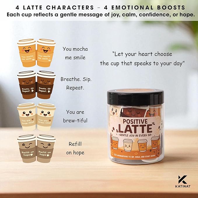 Positive Latte Affirmation Jar – 60pcs Cute Emotional Support Lattes – Coffee Gifts for Women, Men– Birthday Gift, White Elephant Gift for Coworker, Boss, Nurse, Teacher, Teens, Back to School Gifts