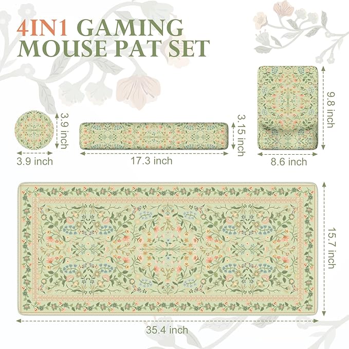 iCasso Mouse Pad with Wrist Rest,Large Desk Mat Set,Ergonomic Keyboard Pad with Wrist Support,Non-Slip Mouse Mat for Women,Cute Floral Computer Mat for Home Office Gaming (Light Green)