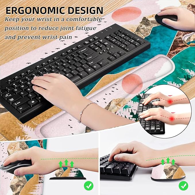 LATEEFAH Large Mouse Pad and Keyboard Wrist Rest, Desk Pad for Keyboard and Mouse, Extended Gaming Mouse Pad with Wrist Support, Waterproof Non-Slip Desk Mouse Mat for Office, Home