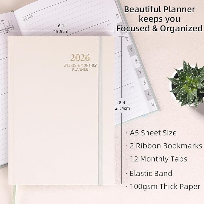 2026 Planner - Weekly and Monthly Planner, January 2026 - December 2026, Linen Hardcover, 2026 Calendar Planner Book with Tabs, Aesthetic, Perfect for Office Home School Supplies (Beige, A5)