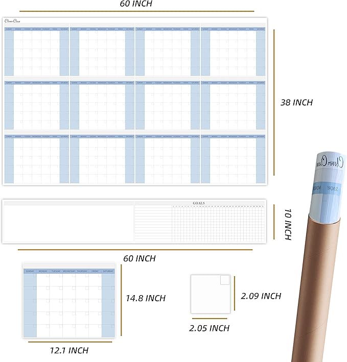 CLEVER CLEAN Large Dry Erase Wall Calendar 5 Feet- 48"x60" 2025 Undated Yearly Planner for Home, Office, School Projects - Jumbo Erasable Laminated Task Organizer