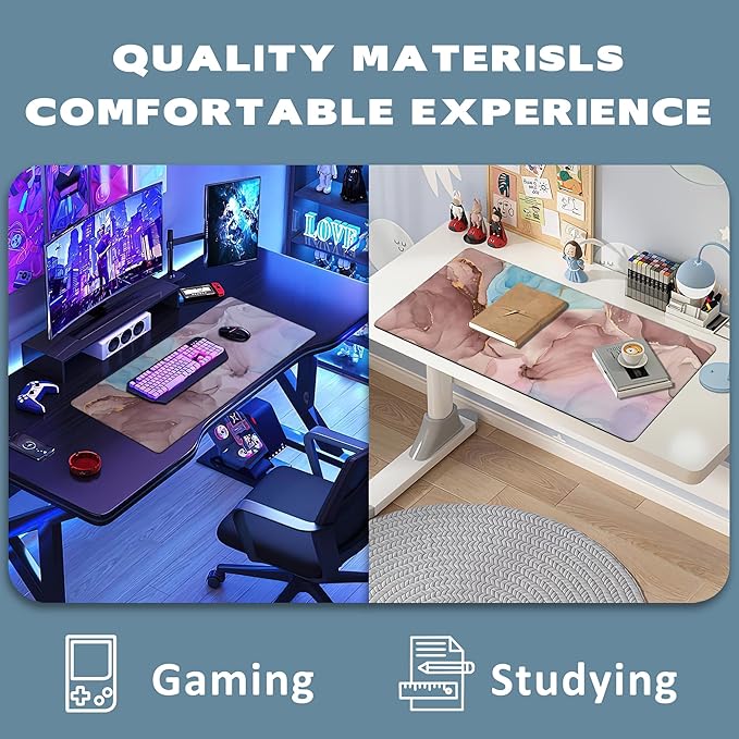 Abstract Fluid Art Extended Gaming Mouse Pad Transparent Waves and Golden Swirls Large Mouse Pad with Stitched Edges Anti-Slip Rubber Base Mouse Mat Desk Pad for Gaming and Office 35.4" x 15.7"