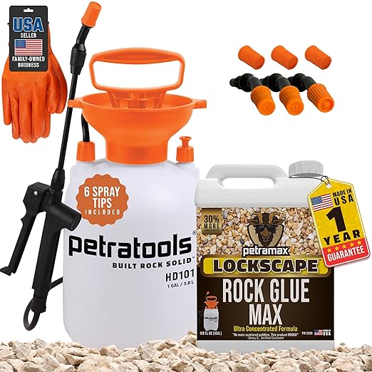 Lockscape Sticky Rock or Sticky Mulch Glue for Landscaping with Sprayer 1 Gallon, Max Rock Glue for Landscape & PetraTools HD101 Bundle, Lockdown Gravel or Mulch for Landscaping Hold (Stone Max)