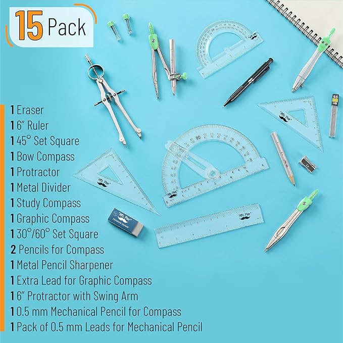 Mr. Pen- Geometry Set, 15 pcs, Green, 6 Inch Swing Arm Protractor, Divider, Set Squares, Ruler, Compasses and Protractor