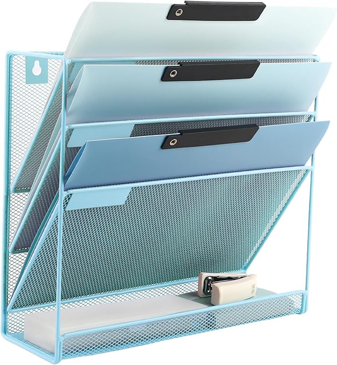 EASEPRES Desk File Organizer Mesh 4-Tier, Hanging Wall Mount Document Organization Stand, Desktop Vertical Mail Paper Folder Holder Rack with Bottom Tray for Office Home Cubicle Countertop, Blue