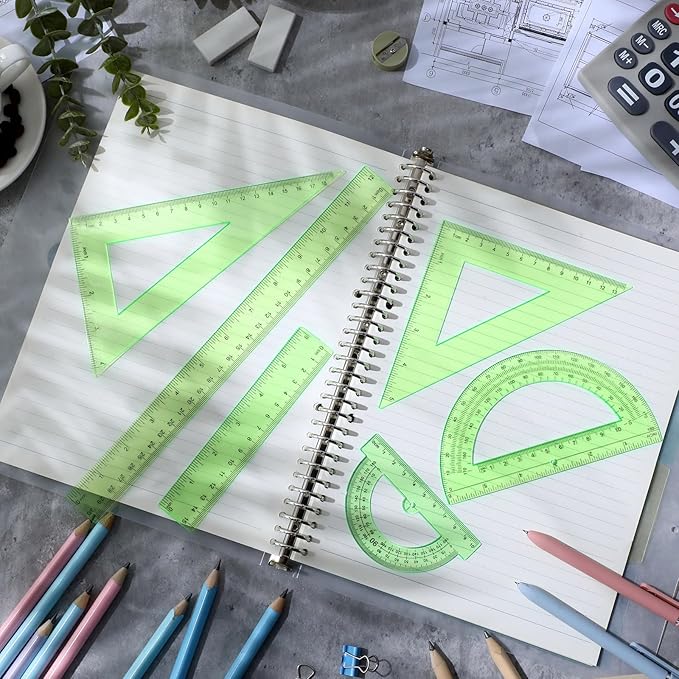 Tenare 6 Pcs Plastic Ruler Math Set Includes 12 Inch 6 Inch Straight Protractor Triangle Geometry Transparent Math Ruler Measuring Tools for School Office Home(Green)