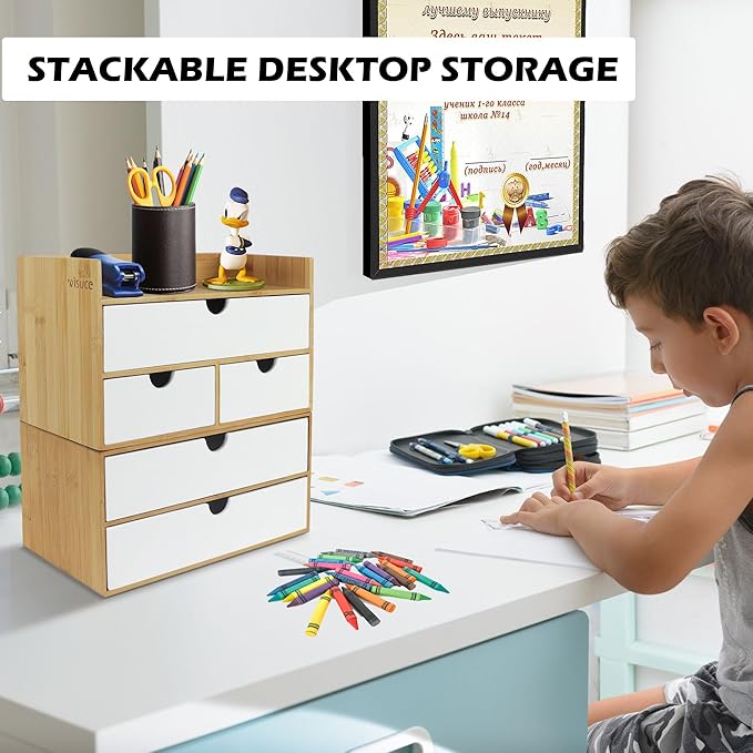 Wisuce Desk Organizer with Drawers - Bamboo Desktop Organizer Storage | Natural-White Wood Desk Drawers Organizer for Bills, Office Supplies, Cosmetics, Seals No Assembly Required