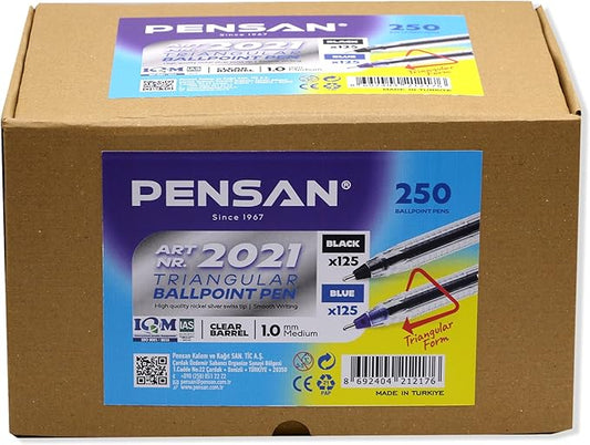 Ballpoint Pens Bulk Pack, 250-Count – (125 Black & 125 Blue) Ink Pens, 1.0mm Medium Point, Ergonomic Triangle Grip, Smooth Writing