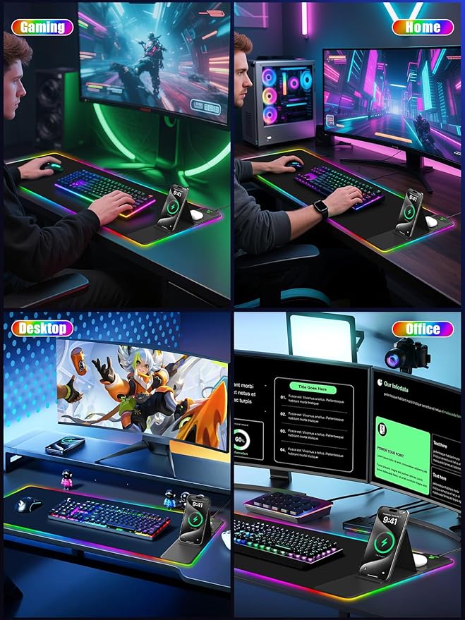 Mouse Pad with Foldable Phone Holder & Wireless Charger, XXL RGB Gaming Mousepad 31.5"x15.8" Large Desk Mat for Keyboard, Black Desk Pad with Dual Qi Charging Station | 11 Colors 5 Modes | Waterproof