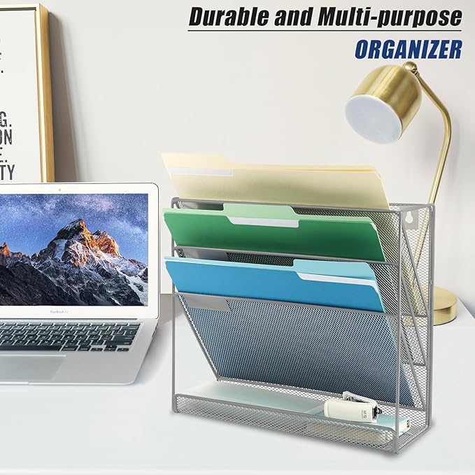 EASEPRES Desk File Organizer Mesh 4-Tier, Hanging Wall Mount Document Organization Stand, Desktop Vertical Mail Paper Folder Holder Rack with Bottom Tray for Office Home Cubicle Countertop, Gray