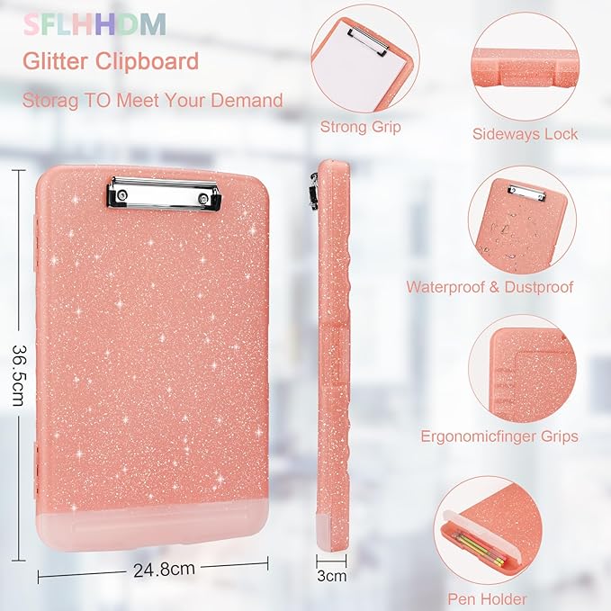 Glitter Clipboard with Storage,Storage Clipboard with Pen Holder,A4 Binder Clip Boards 8.5x11 with Low Profile Clip,Side Opening Sparkle Clipboards, Clipboards Folder for Office Supplies-Pale Pink