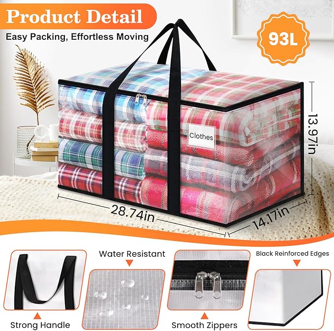 Extra Large Heavy Duty Moving Bags, Storage Bags with Strong Zippers & Handles, Packing Bags for Moving Essentials, Ideal Storage Tote for Home, Dorm & Storage Solutions, 93L, 4 Packs, Clear