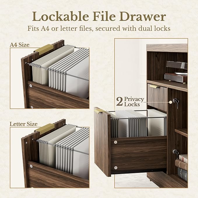 2 Drawer Fluted File Cabinet, 32'' Lateral File Cabinet with Lock and AC/USB for Legal/Letter/A4/F4 Size, Wood Filing Cabinet with Storage Shelves for Home Office, Black Walnut
