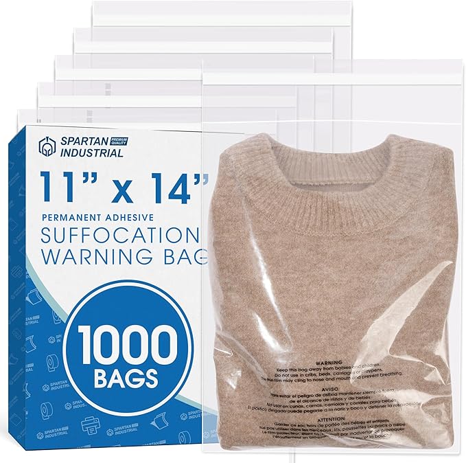Spartan Industrial - 11" X 14" (1000 Count) Self Seal Clear Poly Bags with Suffocation Warning for Packaging, T Shirts - Permanent Adhesive
