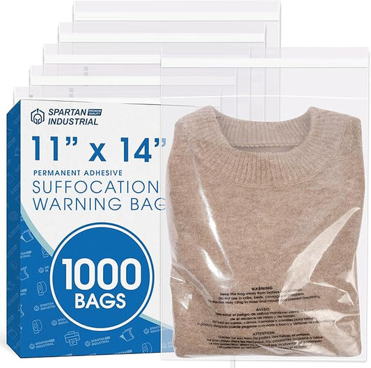 Spartan Industrial - 11" X 14" (1000 Count) Self Seal Clear Poly Bags with Suffocation Warning for Packaging, T Shirts - Permanent Adhesive