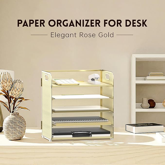 Supeasy 5 Trays Paper Organizer Letter Tray with Handle-Mesh Desk File Organizer, Paper Sorter Desk Organizer for Office, Home or School (Golden)