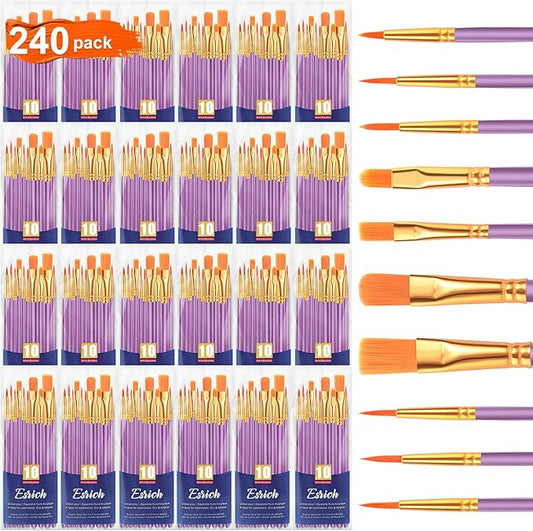 ESRICH Acrylic Paint Brushes Set, 24 Packs/240 Pcs, Nylon Brush Head, Suitable for Acrylic, Oil, Watercolor, Rock Body Face Nail Art,Perfect Suit of Art Painting.(Purple)
