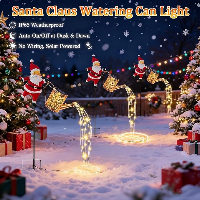 Solar Christmas Lights Outdoor, Waterproof Hanging Metal Watering Can Light Solar Christmas Decorations, Santa Solar Kettle Lights Holiday Displays for Garden Patio Path Yard Lawn (Colorful)