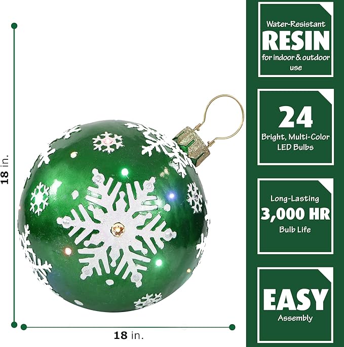Fraser Hill Farm FFRS018-ORN1-GN Indoor/Outdoor Oversized Jeweled Ball Ornament w/Long-Lasting LED Lights, Green Holiday Decoration, 18"