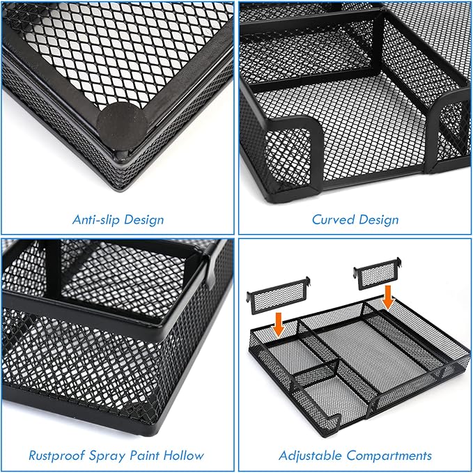 Desk Drawer Organizer Tray with Adjustable Compartments, 6 Grid Metal Mesh Drawer, Multi-use Desk Organizer Storage Box Set for Office,Home,School Supplies, 12.6X9X1.9 inch