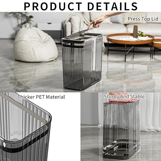 Bathroom Trash Can with Lid, 3.5 Gallon/15 Liter Small Wastebasket with Press Top Lid, Plastic Garbage Can with Pop-Up Lids, Slim Trash Bin Clear Garbage Container Bin for Bathroom, Kitchens