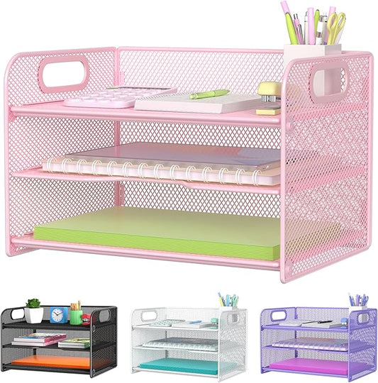 Samstar 3 Tier Pink Letter Tray Paper Organizer with Handle, Mesh Desk Organizer Paper Sorter File Rack Shelves, Pink